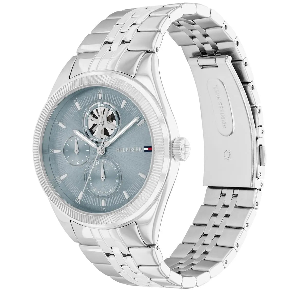 Side view of Tommy Hilfiger Monica watch showing silver stainless steel bracelet and case profile