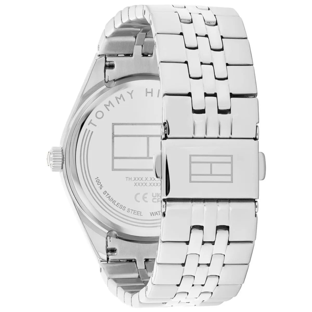 Caseback view of Tommy Hilfiger Monica women's watch showing stainless steel construction