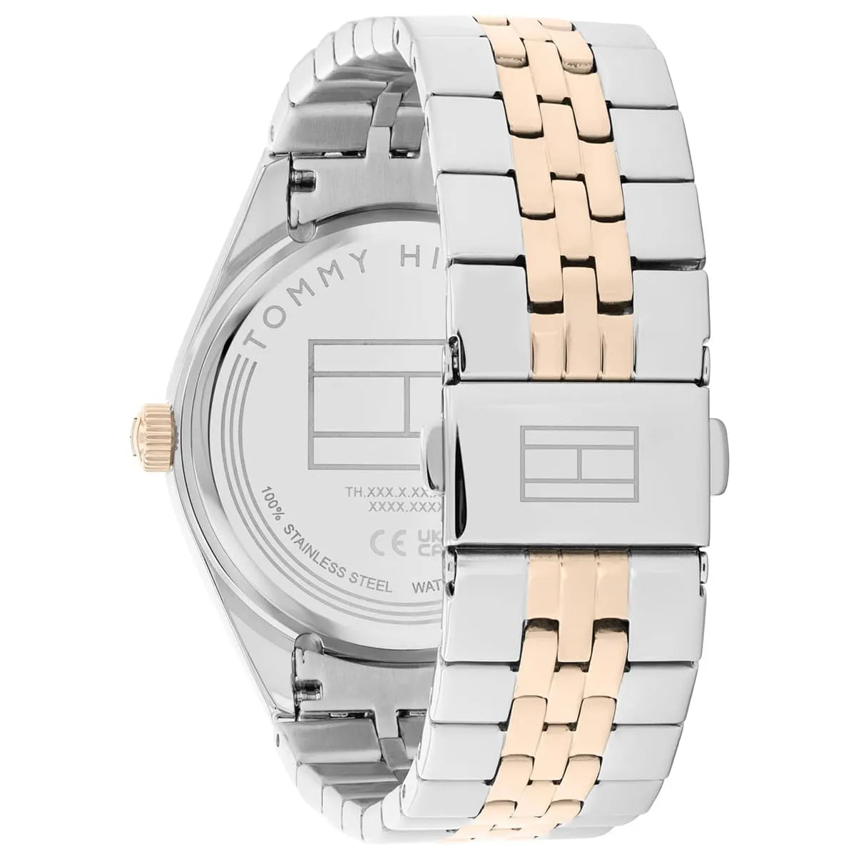 Side profile of Tommy Hilfiger Monica watch displaying caseback and bicolour stainless steel strap