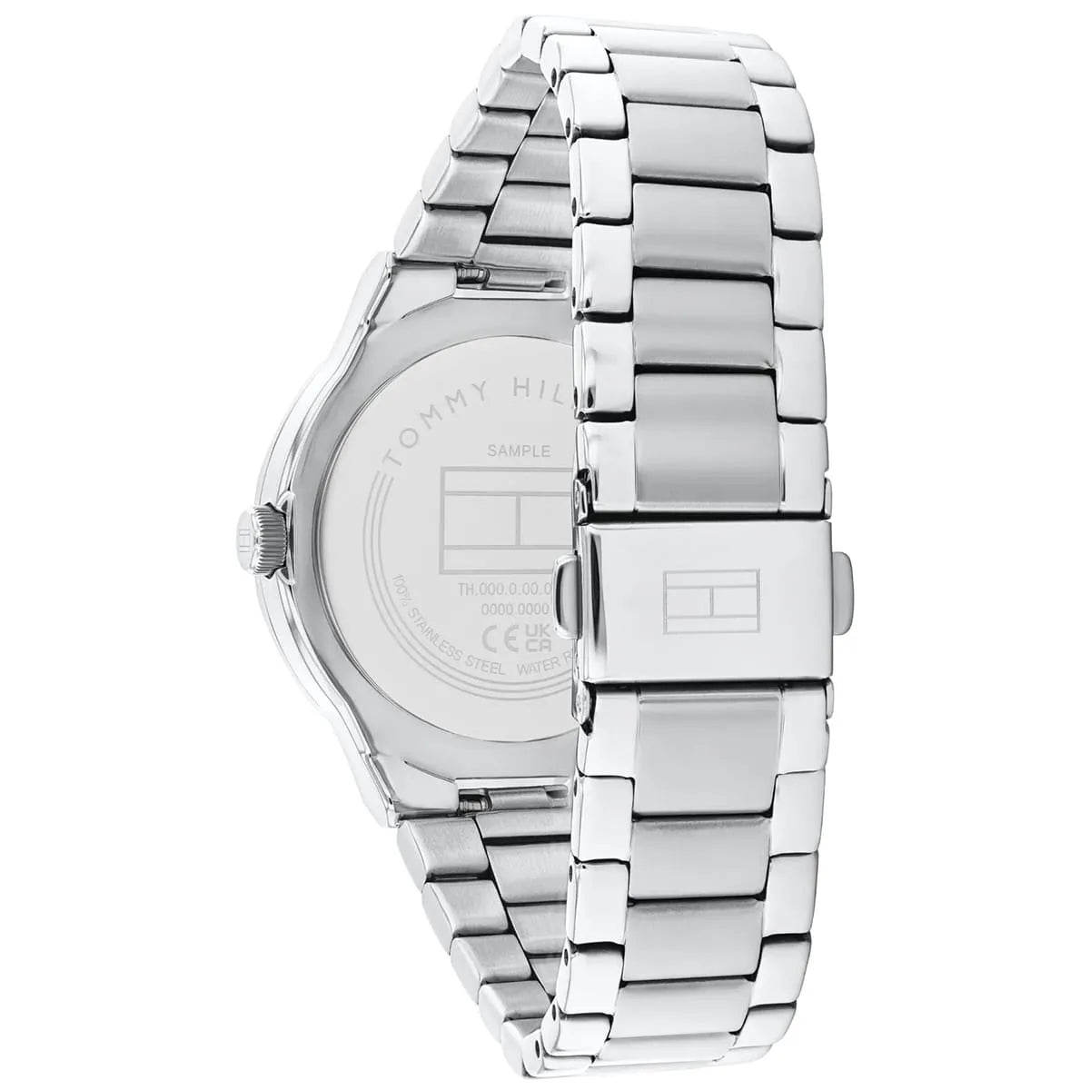 Case back of Tommy Hilfiger women's watch with stainless steel bracelet