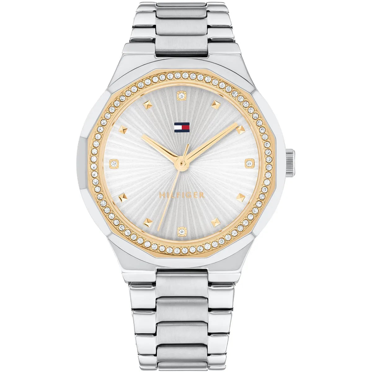 Tommy Hilfiger women's watch with silver sunburst dial, crystal bezel, gold accents, and stainless steel strap