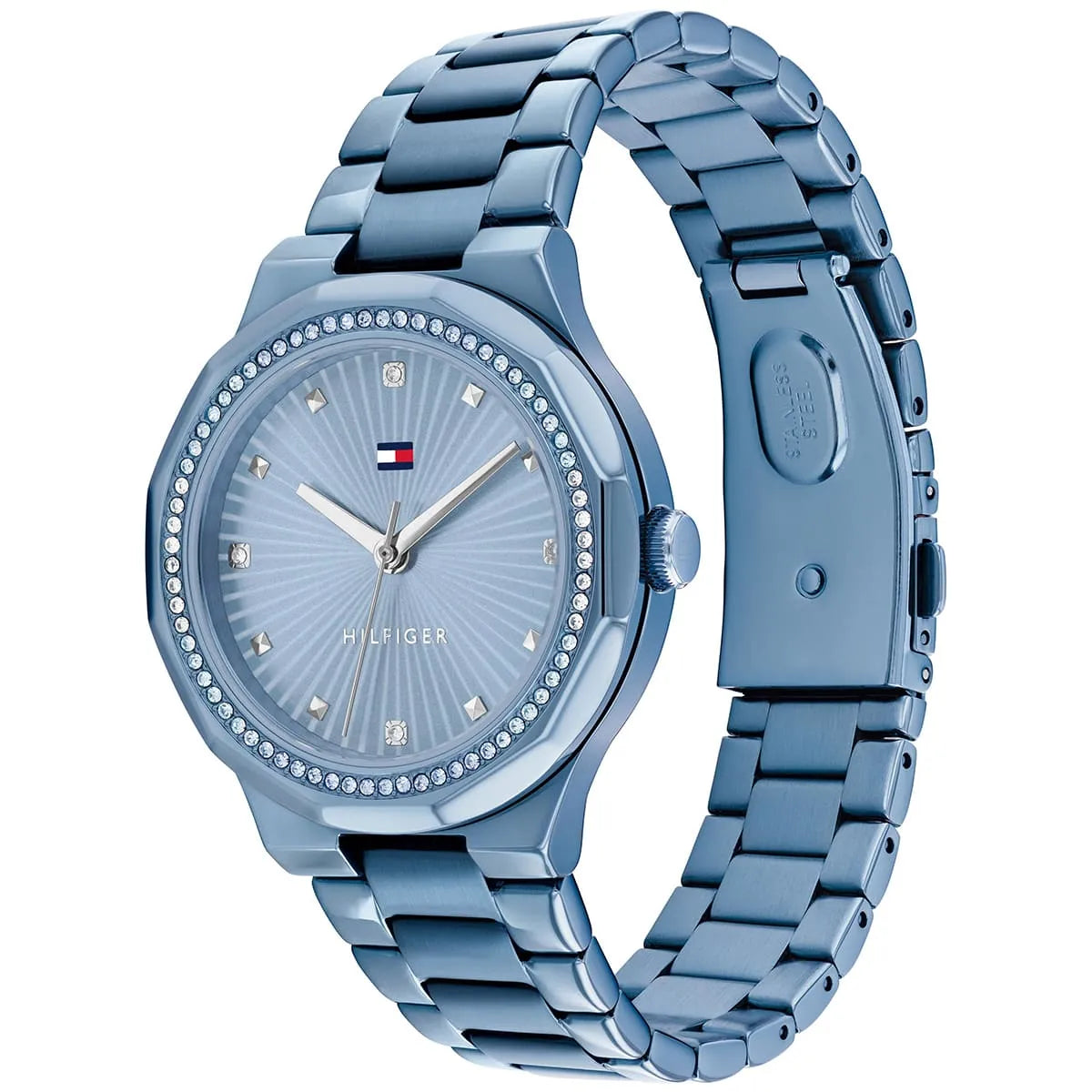 Tommy Hilfiger Piper watch angled view showing blue dial, crystal bezel, and metal bracelet
