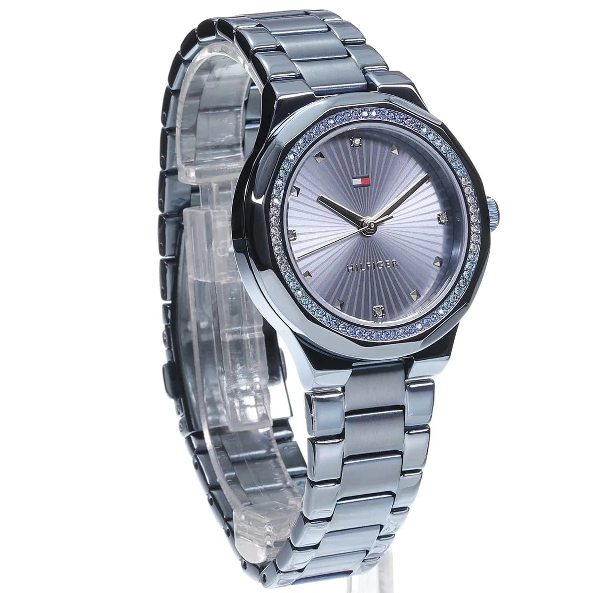 Tommy Hilfiger Piper watch with blue dial, crystal bezel, and stainless steel bracelet detail
