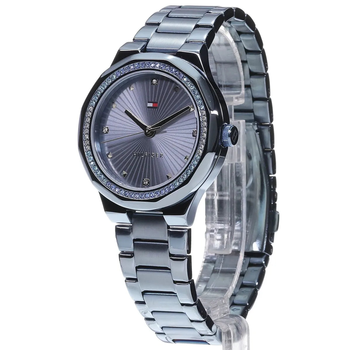 Tommy Hilfiger Piper ladies watch side view displaying metal bracelet links and case profile