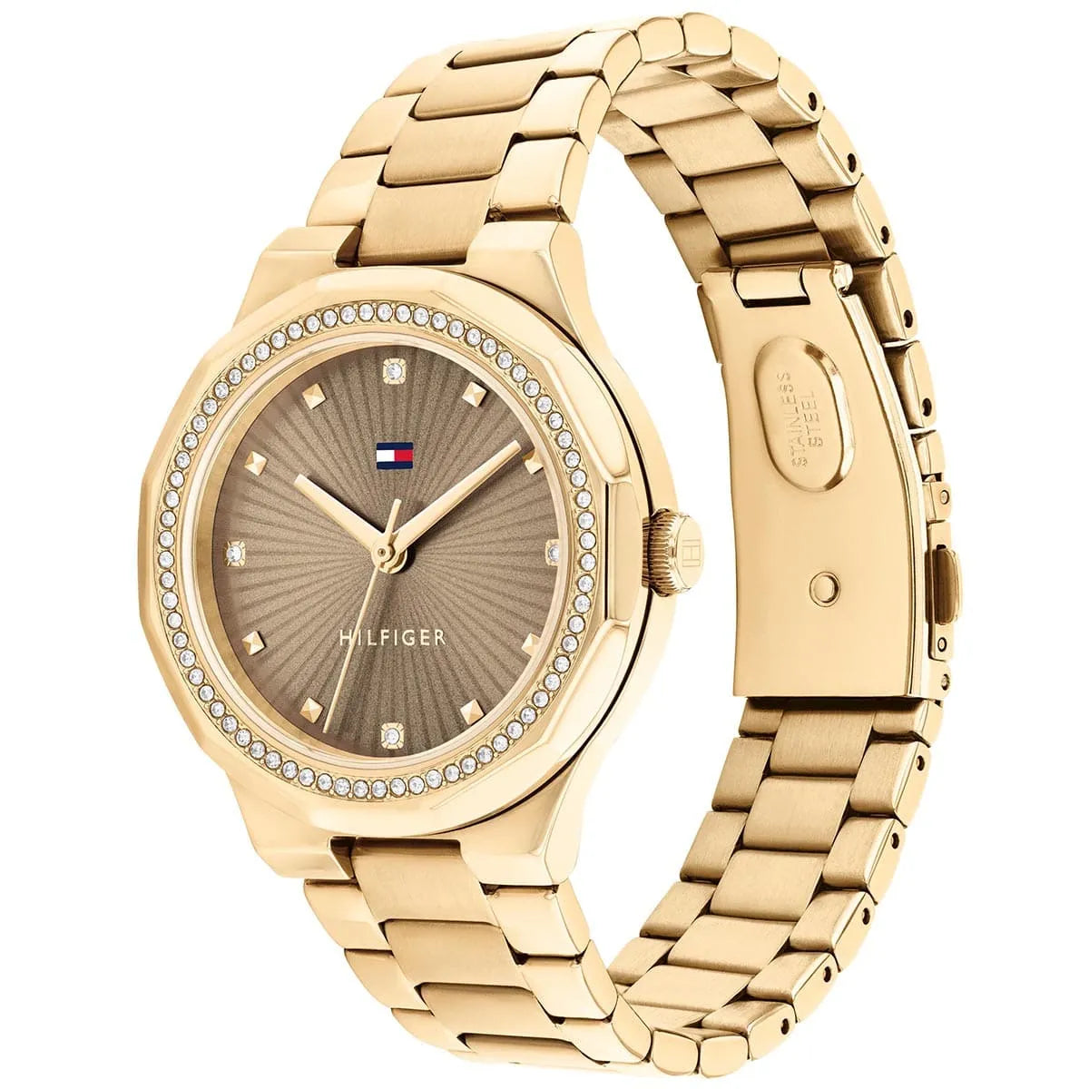 Tommy Hilfiger women's gold watch shown at side angle with full bracelet visible
