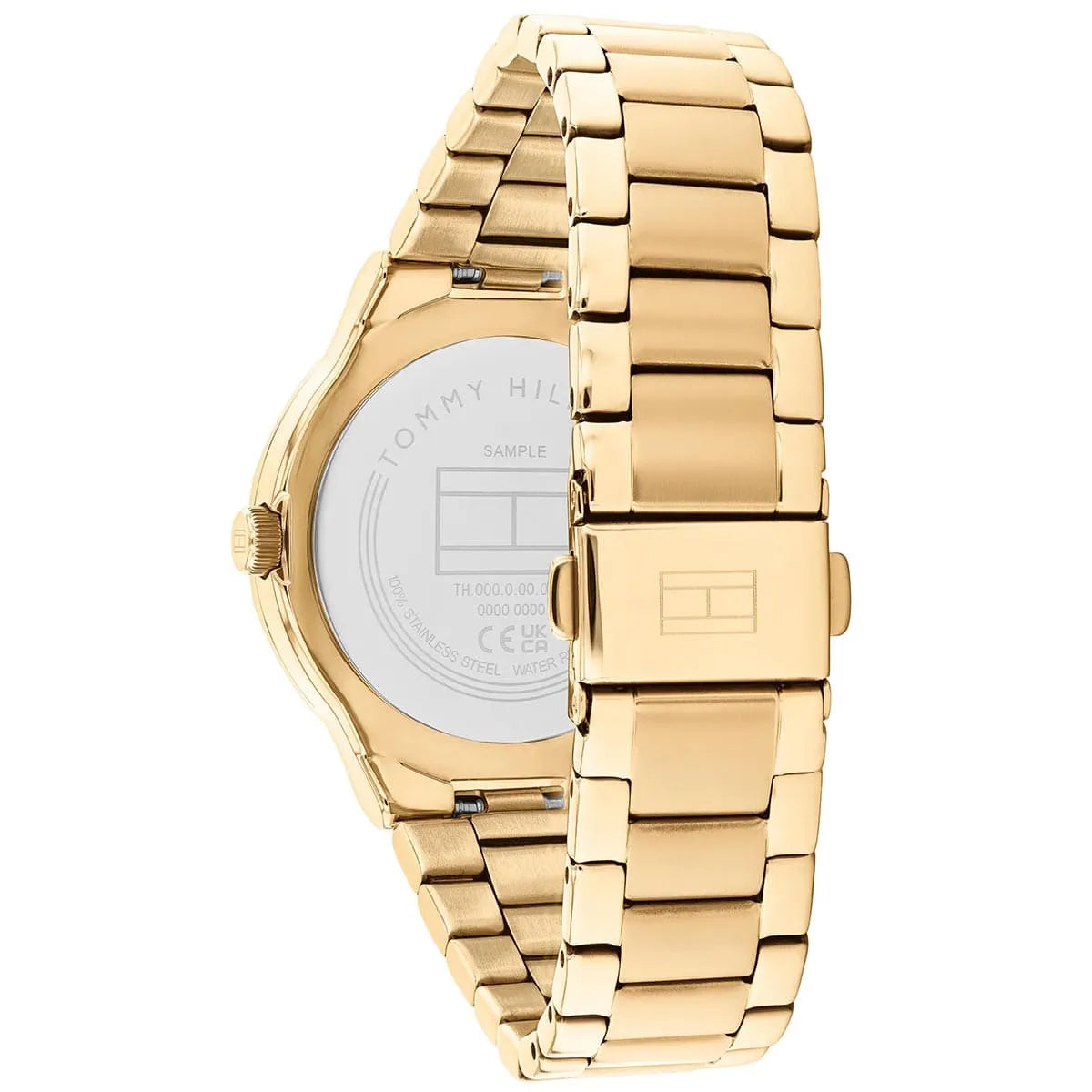 Tommy Hilfiger watch caseback showing stainless steel with engraved branding
