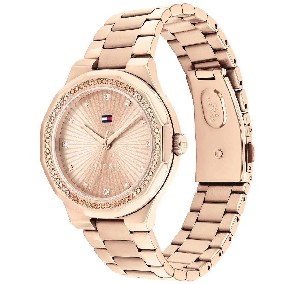 Tommy Hilfiger Piper rose gold watch angled view showing dial and metal bracelet detail