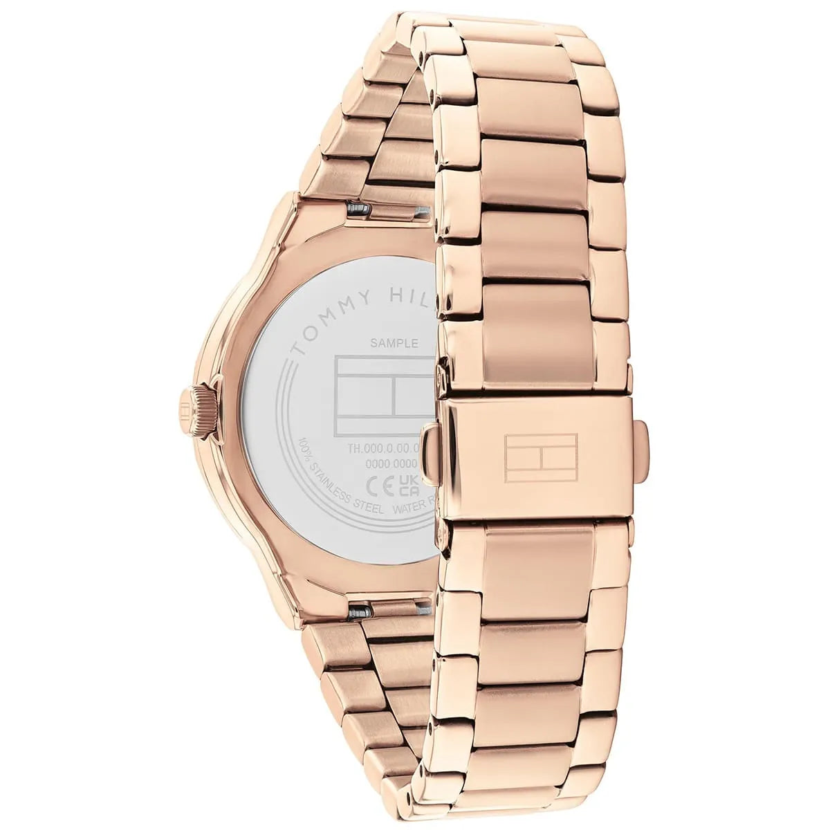 Tommy Hilfiger Piper watch caseback showing stainless steel case and metal bracelet