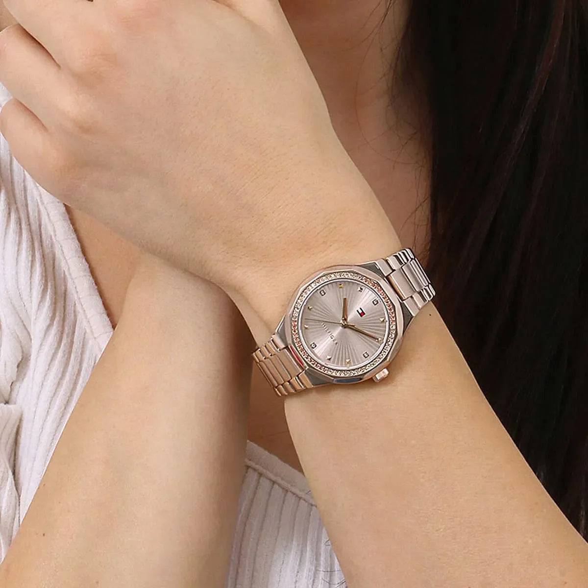 Tommy Hilfiger Piper rose gold watch worn on wrist showing dial and bracelet