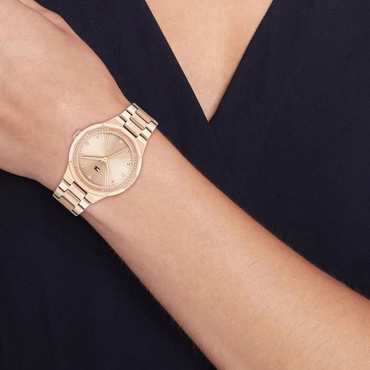 Tommy Hilfiger Piper rose gold analog watch styled on wrist