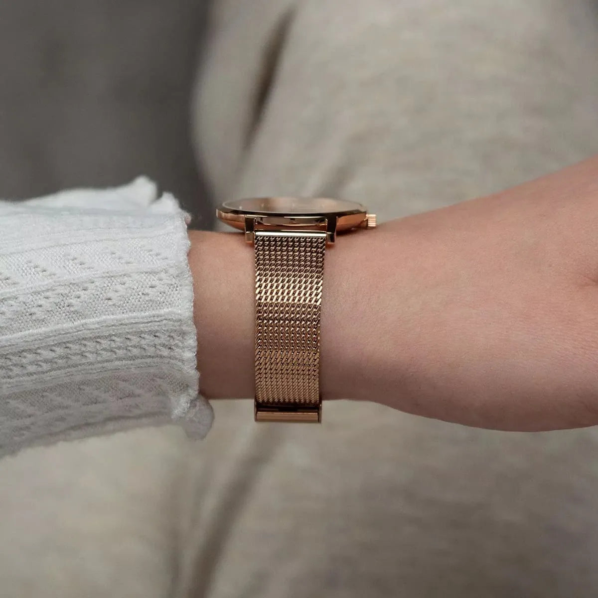 Tommy Hilfiger Pippa watch on wrist showing side profile of mesh strap