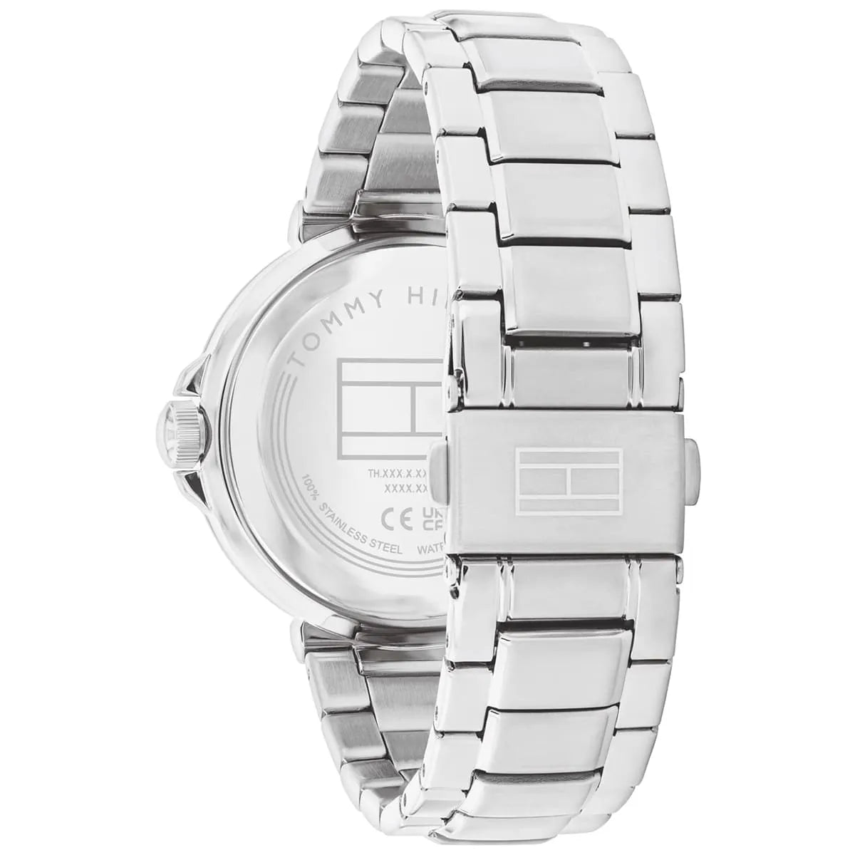 Case back view of Tommy Hilfiger Lori watch with stainless steel bracelet