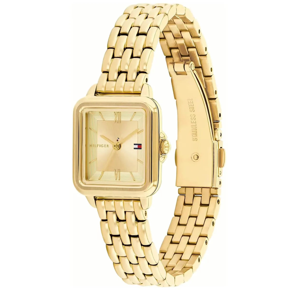 Tommy Hilfiger Mia watch shown from angle with full gold bracelet visible