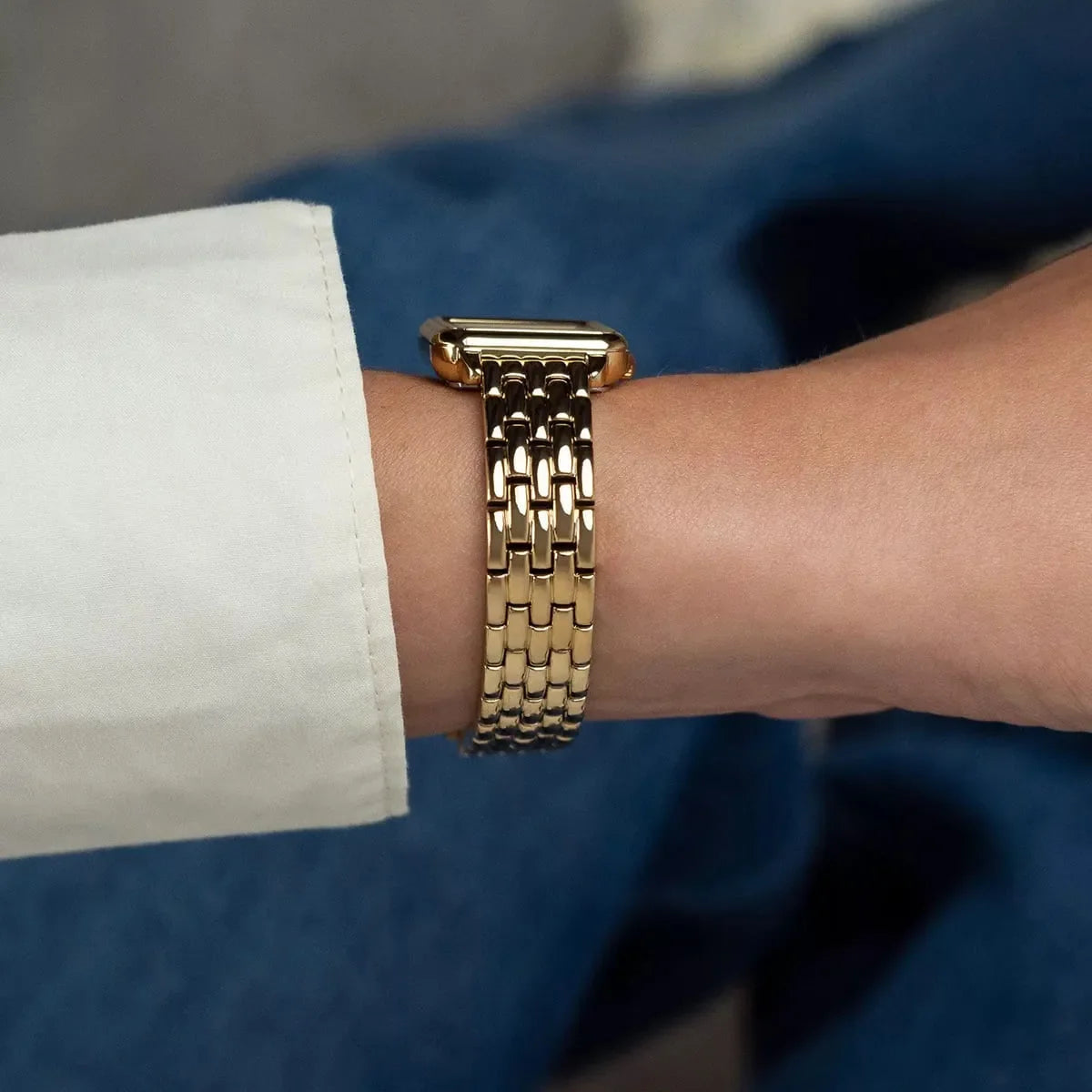 Tommy Hilfiger Mia watch on wrist displaying linked bracelet and square case design