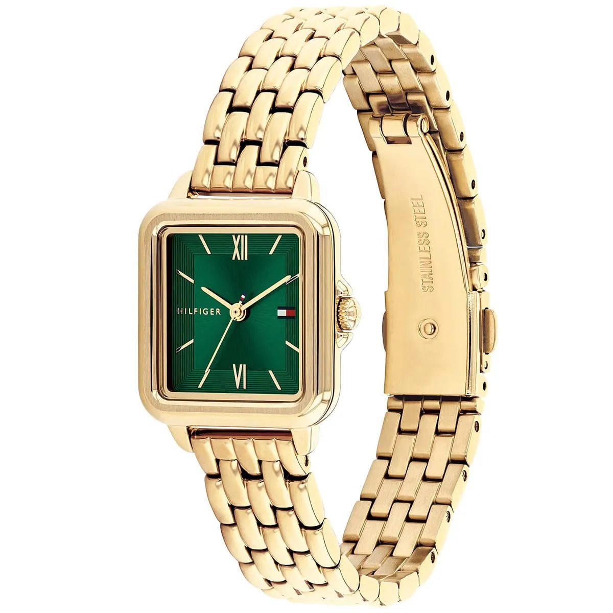 Angled view of Tommy Hilfiger Mia watch showing green dial and gold bracelet strap