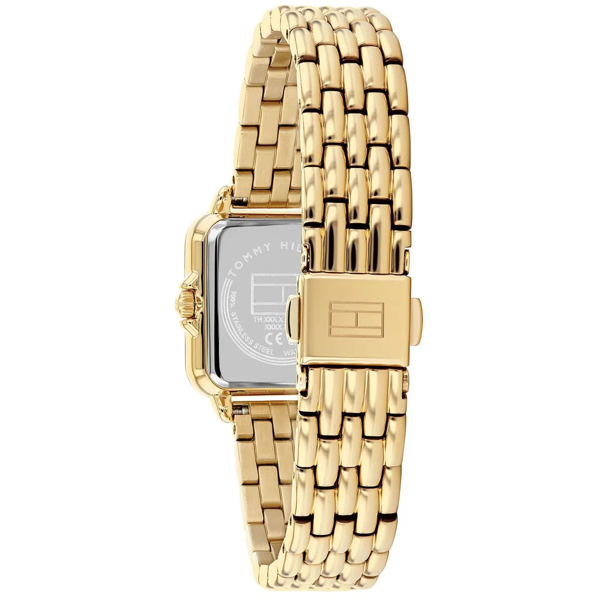 Tommy Hilfiger Mia watch caseback showing gold ionic plated steel case and bracelet