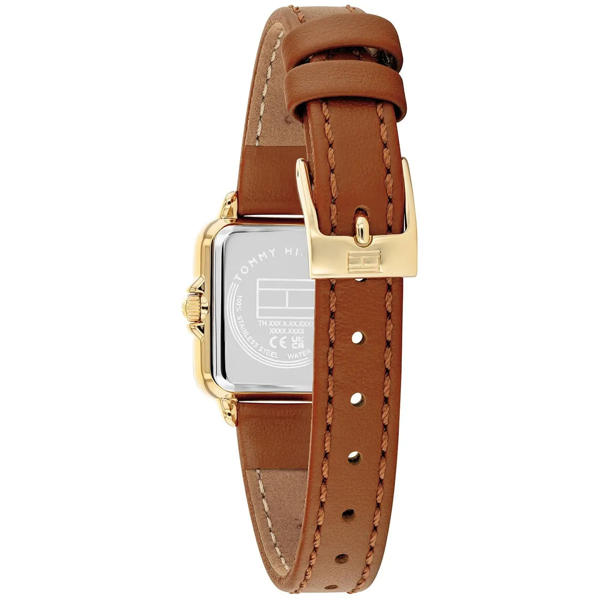 Tommy Hilfiger Mia watch caseback showing gold case and brown leather strap