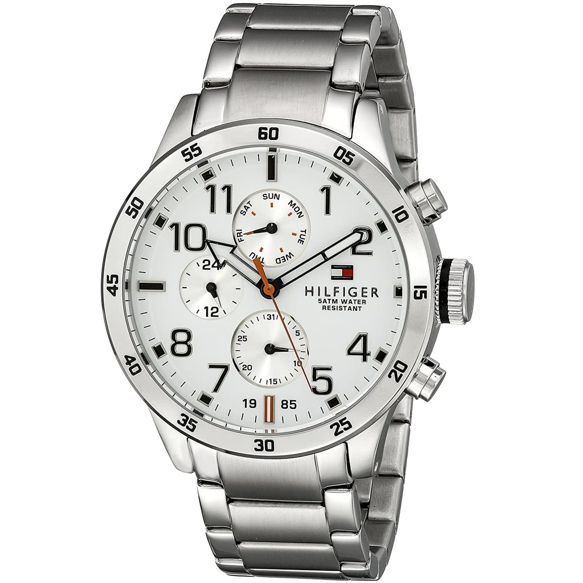 Tommy Hilfiger Trent watch three-quarter view showing white dial, chronograph subdials, and steel band