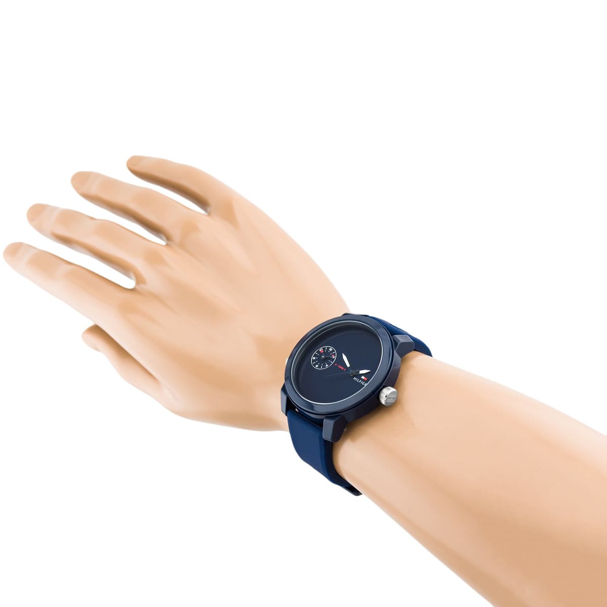 Tommy Hilfiger sport watch worn on wrist with blue dial and navy silicone band