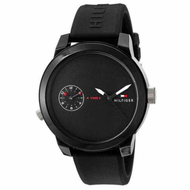 Tommy Hilfiger Denim watch at angle showing black case and rubber strap with dual time display