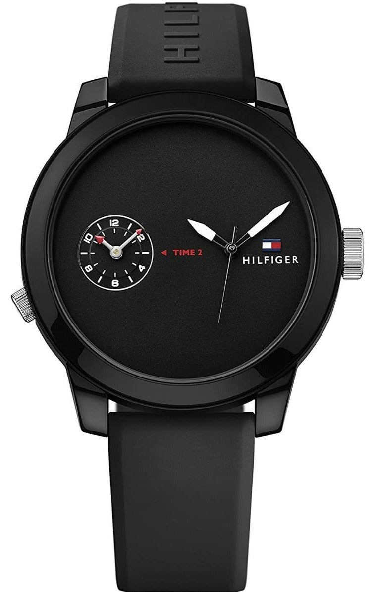 Tommy Hilfiger Denim black dial watch with black rubber strap and dual time subdial