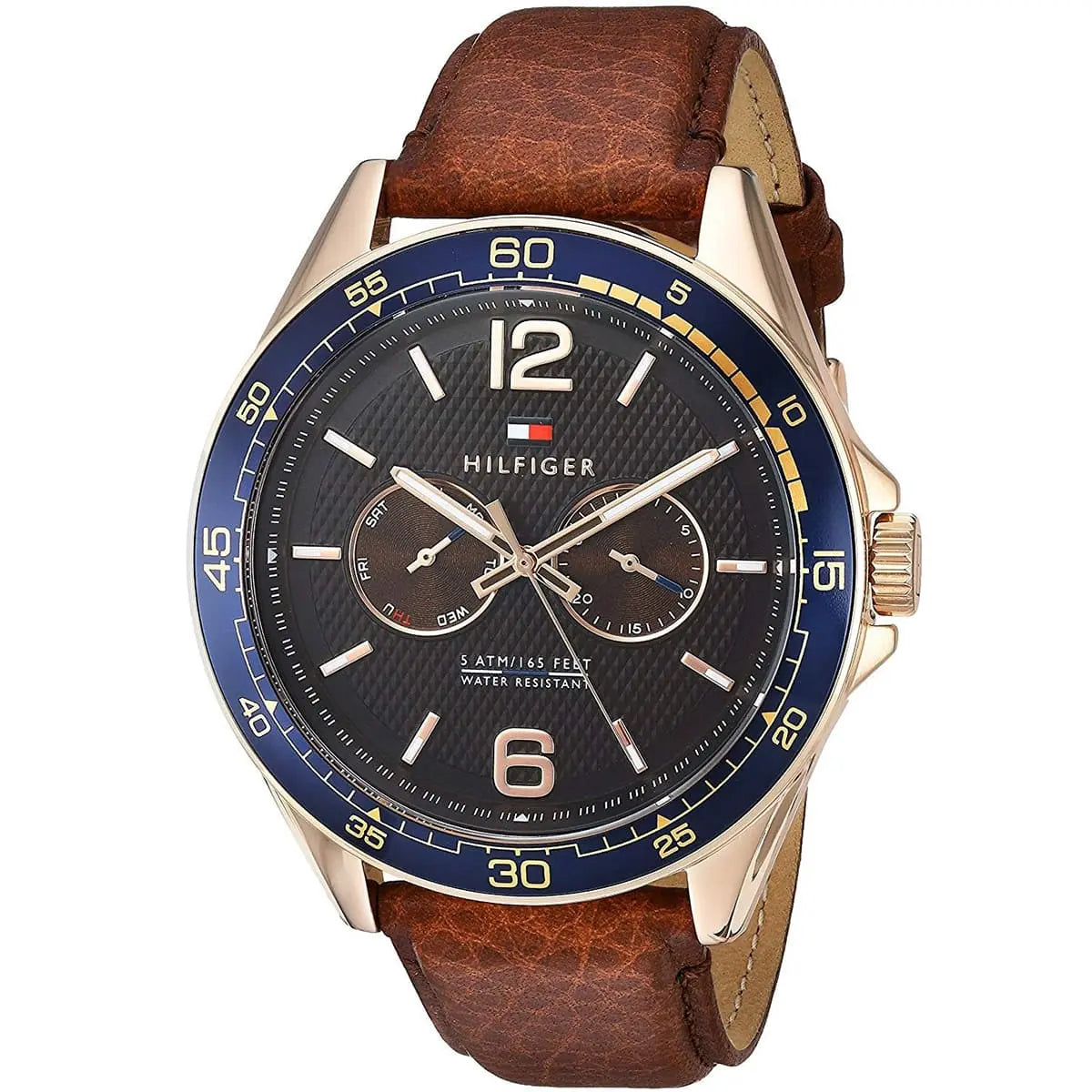 Tommy Hilfiger 1791367 watch at 45-degree angle showing brown dial and chronograph subdials