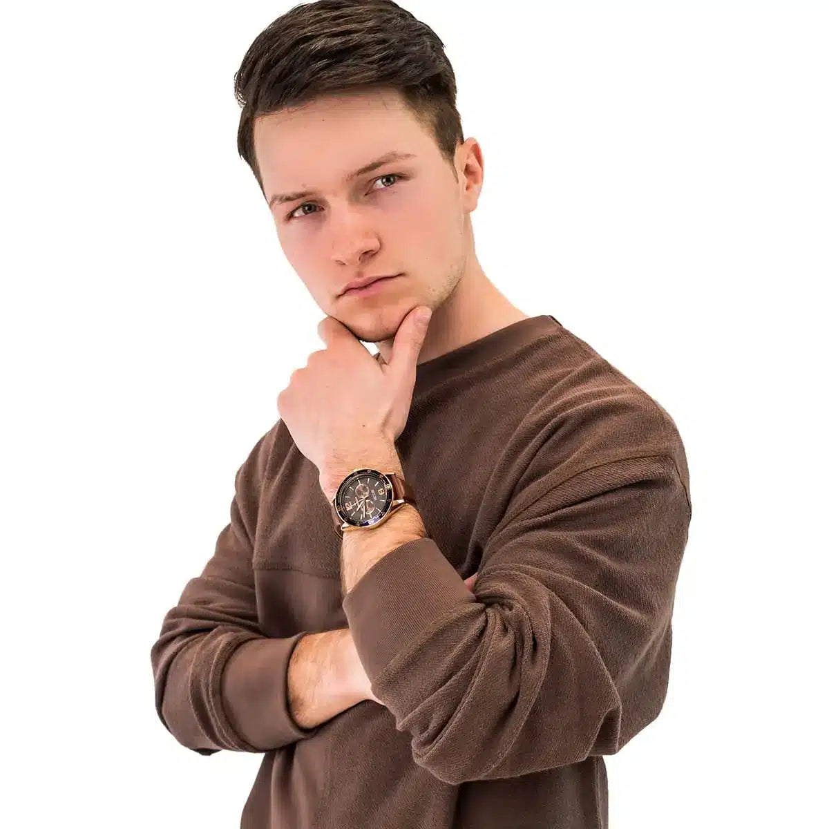 Model wearing Tommy Hilfiger 1791367 watch with brown dial and chronograph subdials
