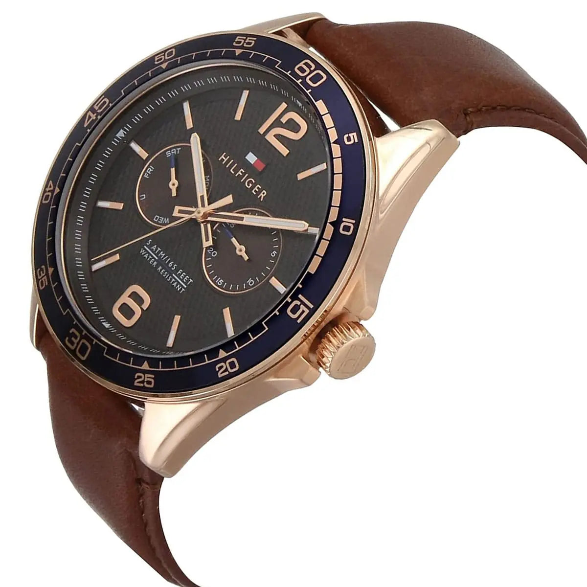 Tommy Hilfiger 1791367 watch side view showing rose gold case and brown leather strap