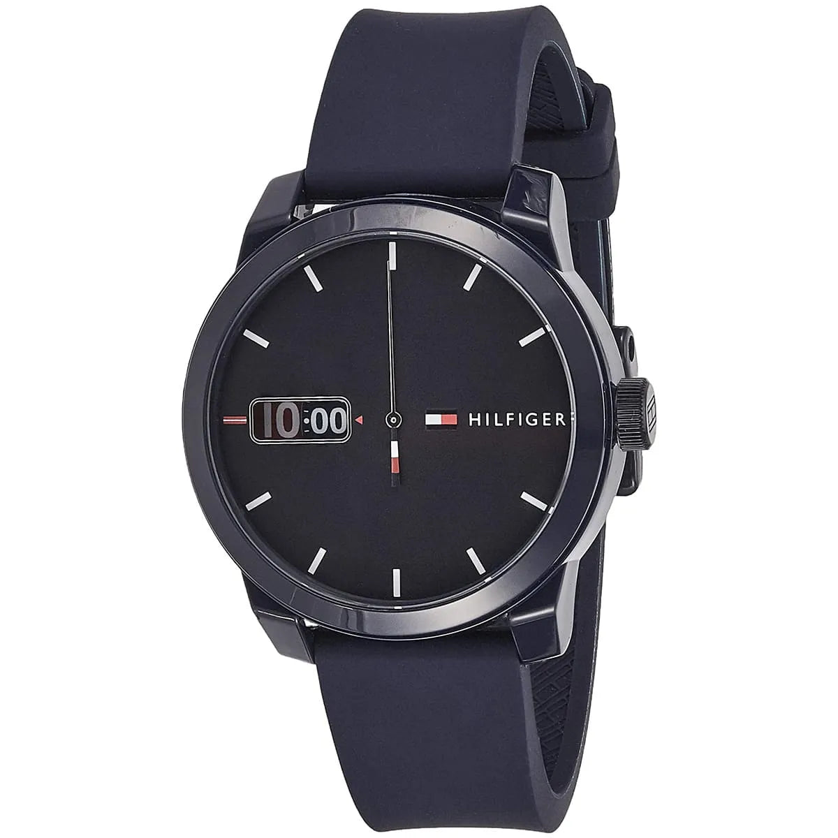Three-quarter view of Tommy Hilfiger watch showing blue dial, strap, and Hilfiger branding