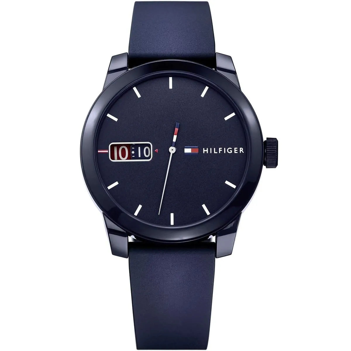 Tommy Hilfiger men's watch with navy blue dial, digital window display, white indices, and navy rubber strap