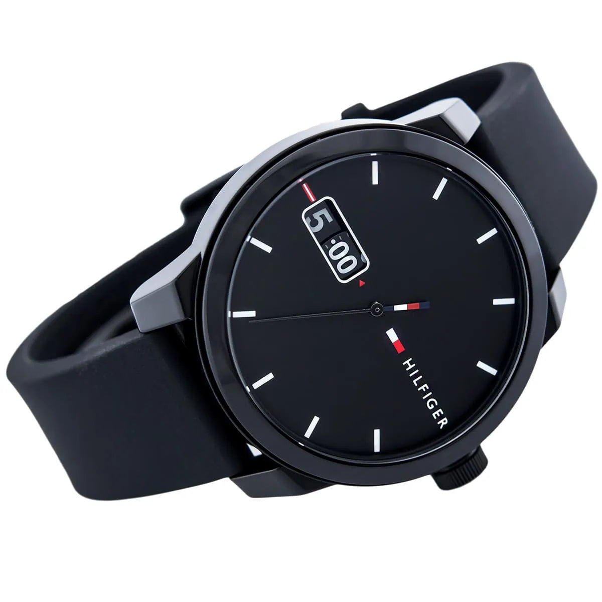 Tommy Hilfiger watch angled view displaying black case and rubber strap