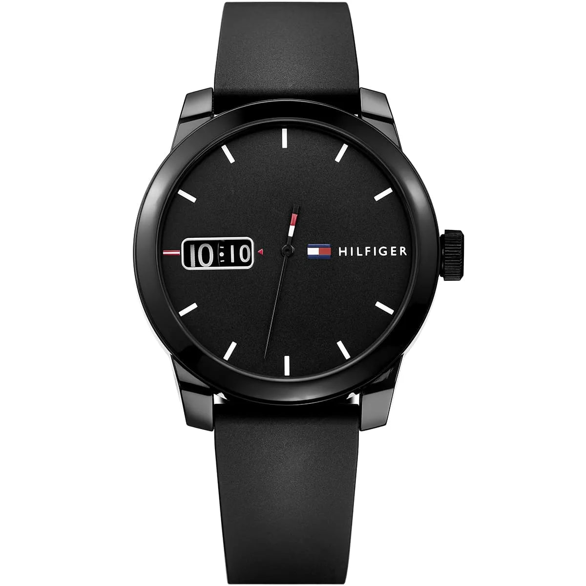 Tommy Hilfiger black dial men's watch with rubber strap and analog display