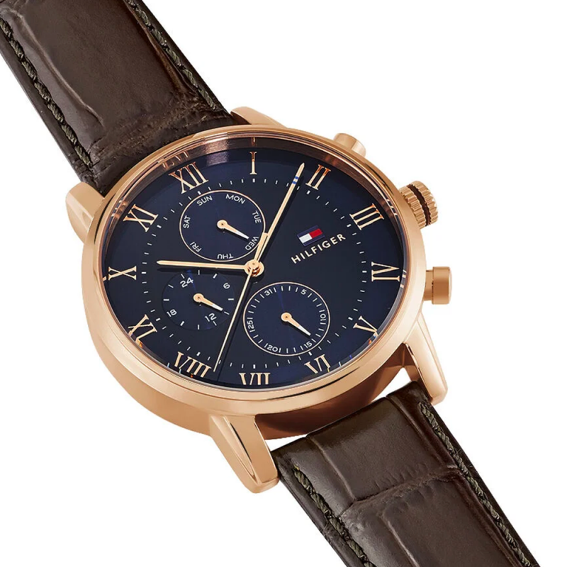 Tommy Hilfiger Quartz Kane Blue Dial Brown Leather Strap Men's Watch - 1791399