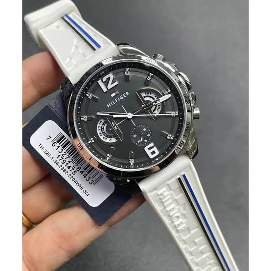 Tommy Hilfiger Multifunction Black Dial White Rubber Strap Watch for Men - 1791475
