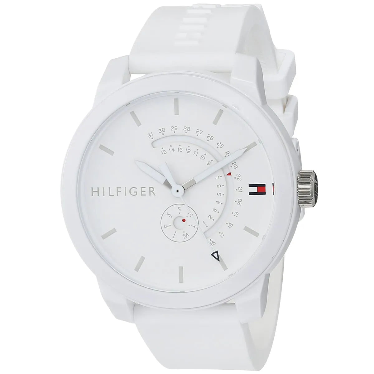 Tommy Hilfiger Denim watch at angle showing white silicone strap and dial with three-hand display