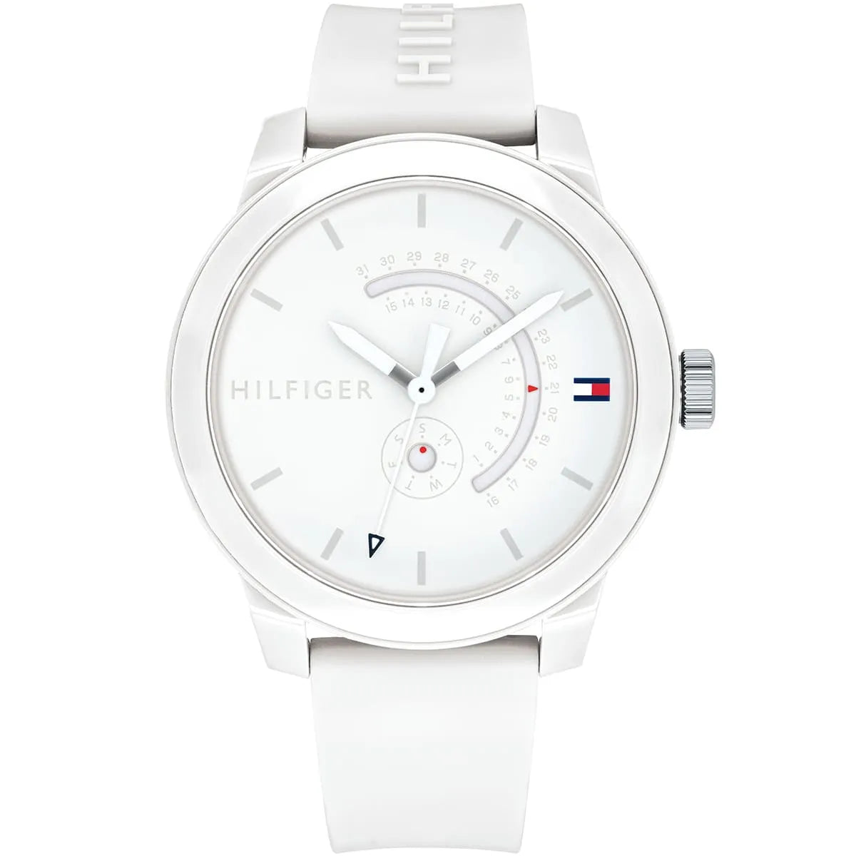 Tommy Hilfiger Denim white dial men's watch with white silicone strap, three-hand analog display
