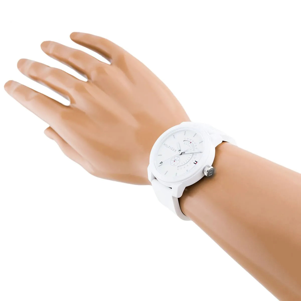 Tommy Hilfiger Denim white watch worn on wrist, showing silicone strap and dial design