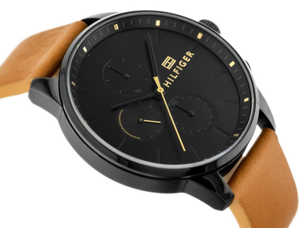 Tommy Hilfiger James men's chronograph watch shown at an angle with brown strap