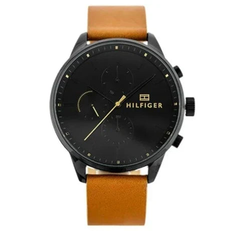 Tommy Hilfiger James chronograph watch with black dial and tan leather strap