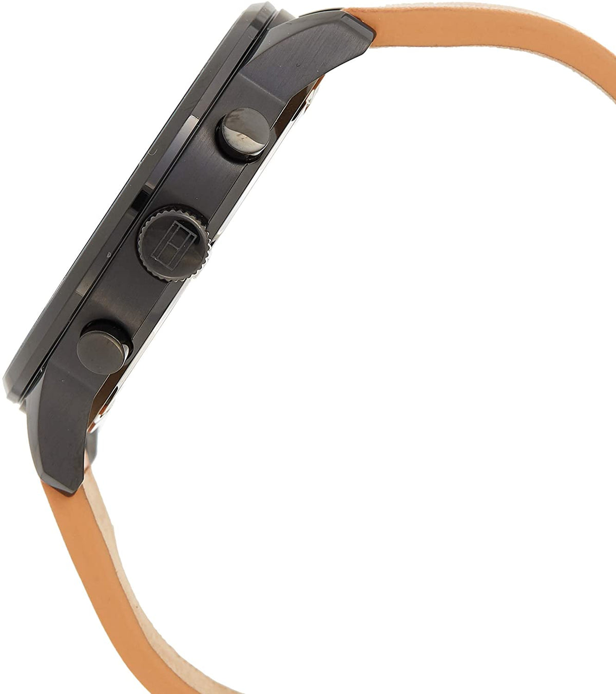 Side view of Tommy Hilfiger James watch with black case and brown leather strap