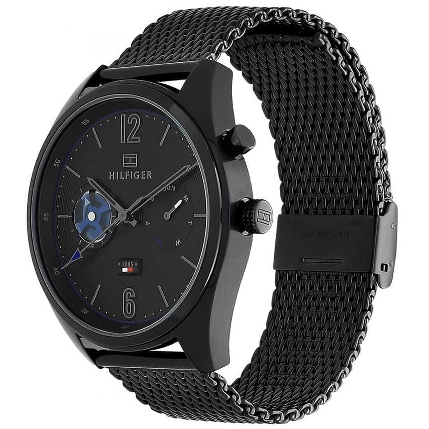 Side view of Tommy Hilfiger Deacan watch on black mesh metal strap