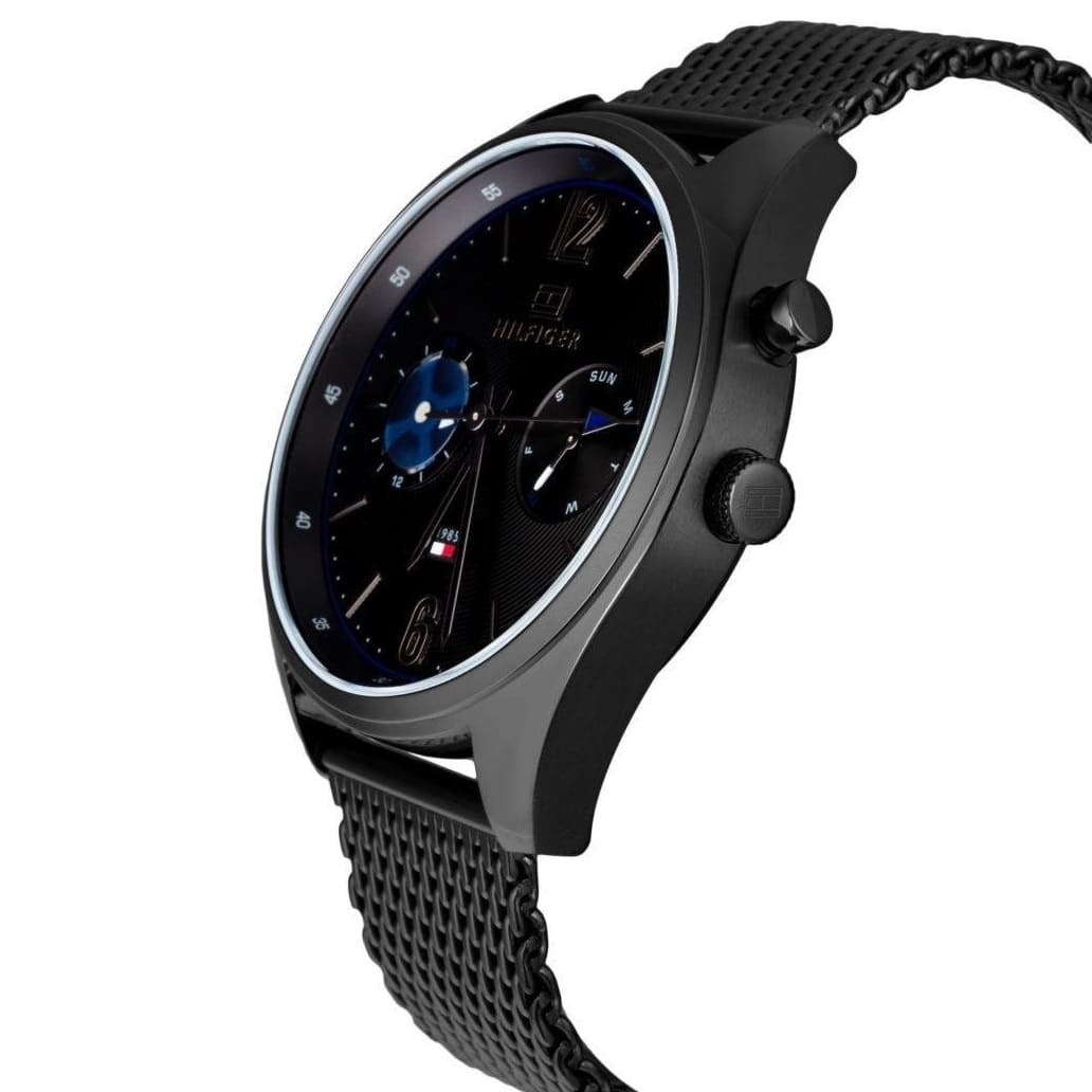 Angled side profile of Tommy Hilfiger Deacan black watch with mesh strap