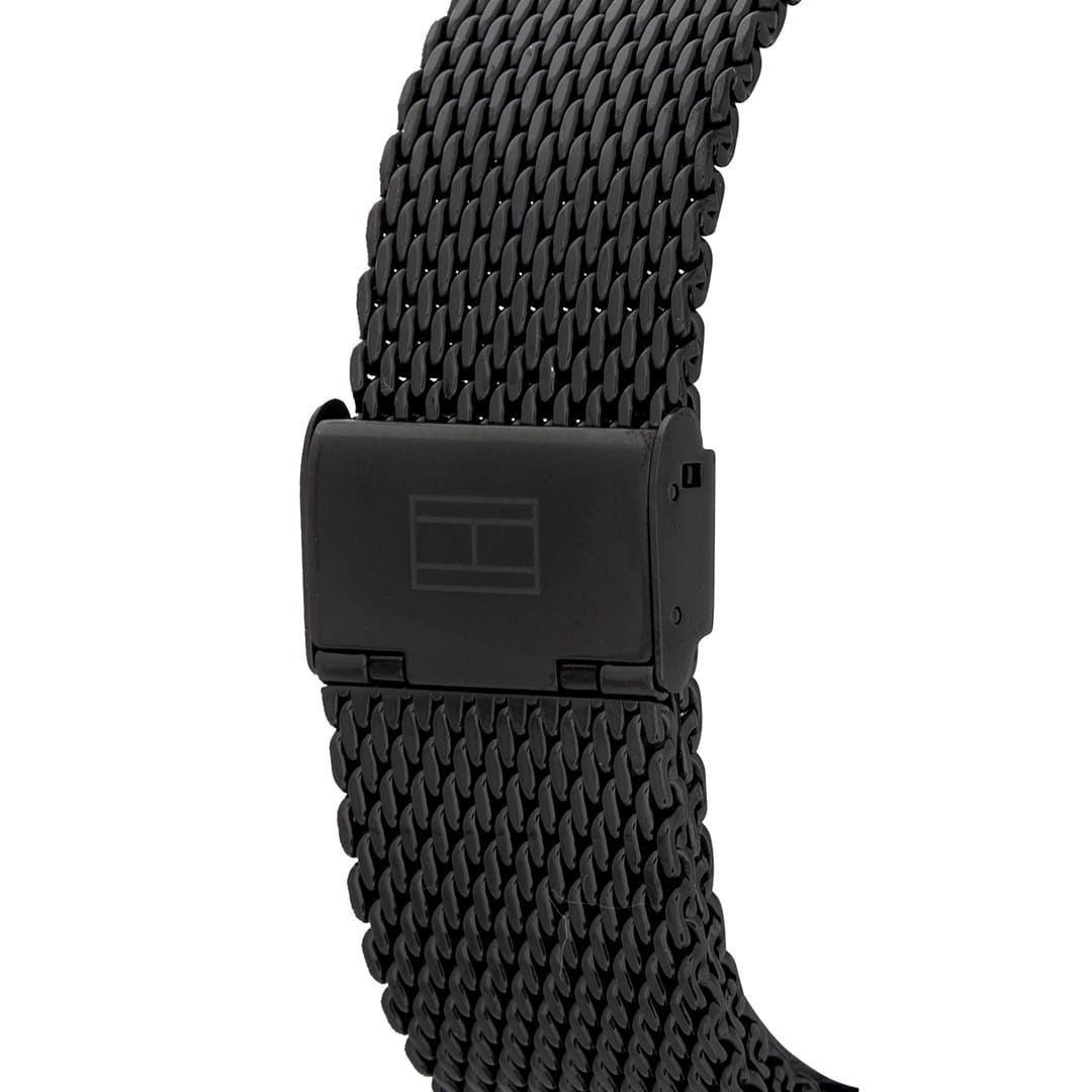 Black mesh metal strap with Tommy Hilfiger branded buckle closure