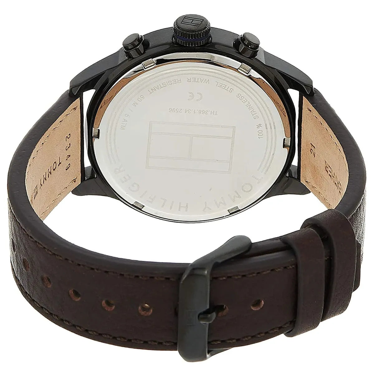 Tommy Hilfiger watch caseback showing dial and brown leather strap
