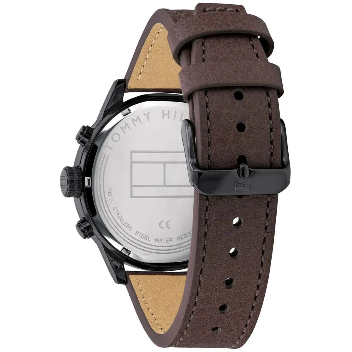 Tommy Hilfiger watch showing caseback and brown leather strap construction