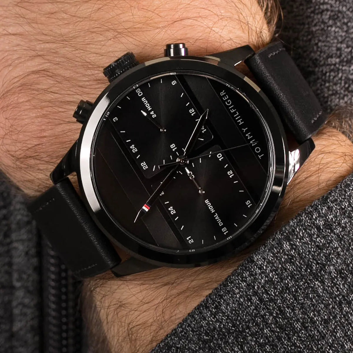 Tommy Hilfiger Quartz Black Leather Strap Black Dial 44mm Men's Watch - 1791595