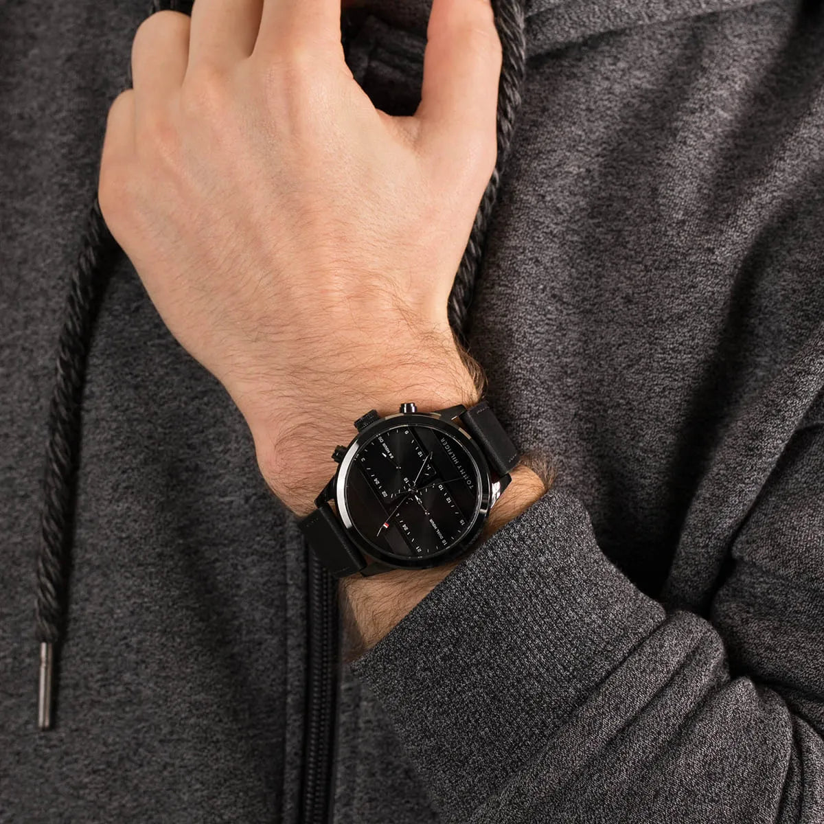 Tommy Hilfiger Quartz Black Leather Strap Black Dial 44mm Men's Watch - 1791595