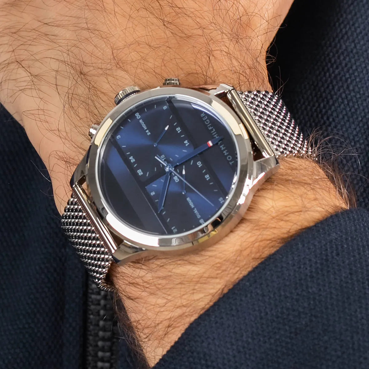 Tommy Hilfiger Quartz Silver Stainless Steel Blue Dial 44mm Dual Time Men's Watch - 1791596