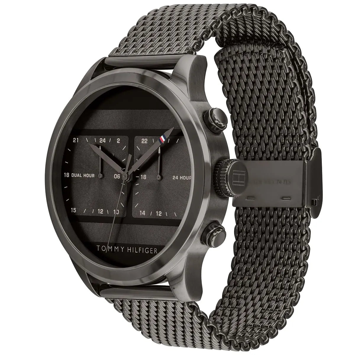 Tommy Hilfiger 1791597 chronograph watch angle view with mesh bracelet and pushers