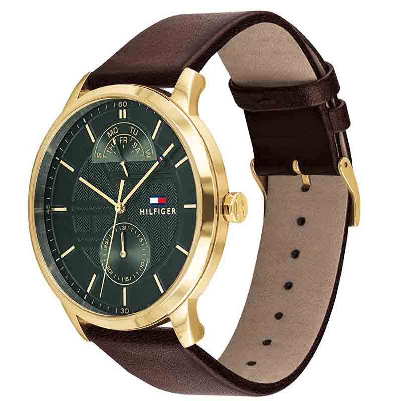 Tommy Hilfiger 1791607 watch showing angle view with green dial, gold case, and brown leather strap
